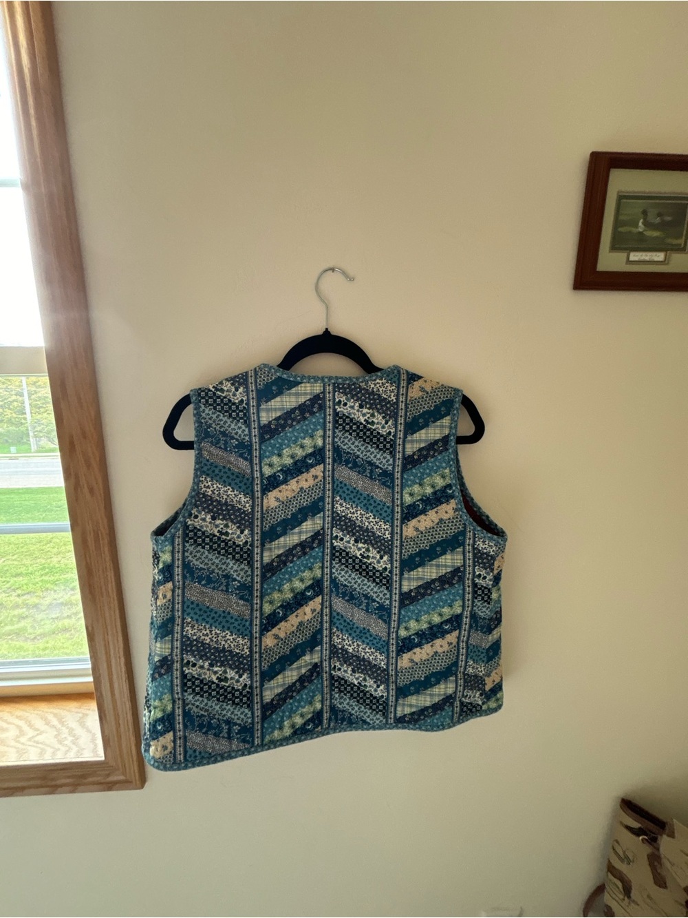 Handmade Reversible Quilted Red Patterned Vest with Blue Trim - Picture 5 of 5